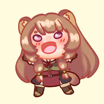 1girl :d animal_ear_fluff animal_ears armor black_dress blunt_bangs blush boots breastplate brown_boots brown_gloves brown_hair chibi collared_dress commentary dress elbow_gloves english_commentary full_body gloves hands_up high_collar long_hair long_sleeves looking_at_viewer meelkymool metal_hair_tubes neck_ribbon open_mouth pink_eyes raccoon_ears raccoon_girl raccoon_tail raphtalia red_dress red_ribbon ribbon short_dress simple_background sleeveless sleeveless_dress smile solo tail tate_no_yuusha_no_nariagari thigh_boots tongue two-tone_dress white_background white_dress