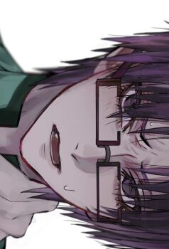 1boy black-framed_eyewear commentary_request fang glasses kuboyasu_aren looking_at_viewer male_focus open_mouth pk_academy_school_uniform portrait purple_hair rectangular_eyewear saiki_kusuo_no_psi_nan school_uniform short_hair sideways simple_background solo teeth white_background yosei_bin