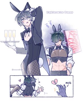 Rule 34 | 2boys, :o, abs, ahoge, alcohol, anger vein, animal ears, arm up, artist name, black bow, black bowtie, black jacket, black leotard, black pantyhose, black vest, bow, bowtie, broken heart, carrying, champagne, champagne flute, character name, closed mouth, commentary request, crop top, cropped jacket, cropped vest, crossdressing, crossdressing (mtf), crossed bangs, cup, detached collar, drinking glass, facing away, fake animal ears, fake tail, fishnet pantyhose, fishnets, flying sweatdrops, gloves, green eyes, green hair, grey hair, hair between eyes, hair over one eye, hand on own hip, heart, highleg, highleg leotard, highres, holding, holding tray, jacket, leotard, lighter (zenless zone zero), long sleeves, male focus, male playboy bunny, multiple boys, multiple scars, multiple views, one eye covered, open clothes, open jacket, open mouth, pantyhose, parted bangs, pectorals, playboy bunny, princess carry, rabbit boy, rabbit ears, rabbit tail, scar, scar on arm, scar on chest, see-through clothes, see-through shirt, shirt, short hair, simple background, sleeves rolled up, strapless, strapless leotard, sunglasses, sweatdrop, tail, tray, twitter username, urouroshiro, vest, white background, white gloves, white shirt, wing collar, wise (zenless zone zero), wrist cuffs, yaoi, zenless zone zero