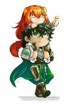 1boy 1girl ^_^ animal_ear_fluff animal_ears ankle_socks armor belt black_belt black_hair black_shirt boots breastplate brown_armor brown_boots brown_gloves brown_shoes carrying cloak closed_eyes closed_mouth collared_shirt commentary commission dress elbow_gloves english_commentary fingerless_gloves flag full_body fur-trimmed_armor fur-trimmed_boots fur-trimmed_gloves fur-trimmed_hood fur_trim gloves green_cloak green_eyes green_pants grey_armor grey_dress grey_shirt hair_between_eyes high_collar holding holding_flag hood hood_down hooded_cloak iwatani_naofumi kiwikamikaze knee_boots leather_armor legendary_shield_(small_shield)_(tate_no_yuusha_no_nariagari) legendary_shield_(tate_no_yuusha_no_nariagari) long_hair long_sleeves messy_hair metal_wrist_cuffs orange_hair pants raccoon_ears raccoon_girl raccoon_tail raised_eyebrows raphtalia raphtalia_(young) shirt shoes short_hair short_sleeves shoulder_carry simple_background smile socks tail tassets tate_no_yuusha_no_nariagari walking white_background white_socks