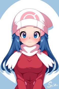 1girl absurdres alternate_breast_size_(larger) artist_name blue_eyes blue_hair blush closed_mouth commentary dawn_(pokemon) dress english_commentary eyelashes hair_ornament hairclip hat highres long_hair long_sleeves looking_at_viewer nintendo pokemon pokemon_dppt pokemon_platinum red_dress scarf signature solo su1zide upper_body white_hat white_scarf
