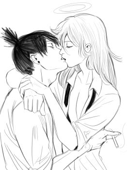 2boys absurdres adam&#039;s_apple angel angel_devil_(chainsaw_man) angel_wings chainsaw_man cigarette collared_shirt commentary earrings english_commentary french_kiss from_side greyscale halo highres holding holding_cigarette jewelry kiss long_hair male_focus monochrome multiple_boys necktie open_clothes open_shirt shirt simple_background sleeves_pushed_up topknot undone_necktie white_background wings xmonday_mintx yaoi