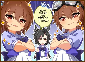 3girls agnes_flight_(racehorse) agnes_tachyon_(umamusume) air_shakur_(umamusume) animal_ears annoyed aviator_goggles bag black_hair bow bowtie brown_hair chibi chibi_only closed_mouth colored_speech_bubble commentary crossed_arms ear_chain ear_ornament english_commentary english_text eyebrow_piercing face_piercing gloom_(expression) goggles goggles_on_head hair_between_eyes highres holding_strap horse_ears horse_girl knew_nothing linked_piercing long_hair multiple_girls original outline parted_hair parted_lips personification piercing pleated_skirt puffy_short_sleeves puffy_sleeves purple_bow purple_bowtie purple_shirt red_eyes sailor_collar sailor_shirt school_bag school_uniform shirt short_hair short_sleeves siblings sisters skirt smile sparkle sparkling_aura speech_bubble summer_uniform symmetrical_pose thought_bubble tracen_school_uniform umamusume upper_body white_outline white_sailor_collar white_skirt yellow_eyes