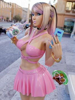 1girl 3d absurdres alien bimbofication black_eyeliner black_streaks blonde_hair blue_eyes blue_eyeshadow bracelet breasts bubble_tea cellphone cleavage corruption cross-laced_clothes day earrings eyeliner eyeshadow gradient_hair gyaru highres jewelry kraid long_hair looking_at_viewer makeup metroid metroid_(creature) metroid_larva midriff mole mole_under_mouth multicolored_hair nautilic navel nintendo outdoors phone pink_lips pink_nails pink_skirt pink_streaks ponytail rome_(city) samus_aran santa_maria_in_trastevere skirt smartphone solo st._peter&#039;s_basilica starbucks streaked_hair sunglasses tan tanline
