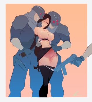 1girl 3boys black_gloves black_hair black_skirt black_thighhighs breasts breasts_out clothes_lift clothing_aside elbow_gloves final_fantasy final_fantasy_vii final_fantasy_vii_remake framed gloves gun hand_on_another&#039;s_arm helmet holding holding_gun holding_weapon large_breasts legs long_hair military military_uniform multiple_boys navel nipples one_eye_closed out_of_frame panties panties_aside parted_lips pee-kay pink_background pussy pussy_juice restrained sexual_harassment shiny_skin signature simple_background skirt skirt_lift smile soldier square_enix standing stomach tank_top teeth thighhighs thighs tifa_lockhart underwear weapon