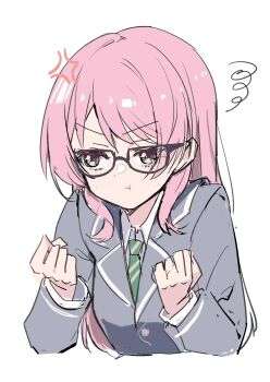 1girl anger_vein bang_dream! bang_dream!_it&#039;s_mygo!!!!! chihaya_anon commentary diagonal-striped_clothes diagonal-striped_necktie glasses green_necktie grey_eyes grey_jacket haneoka_school_uniform highres jacket long_hair necktie pink_hair pout school_uniform simple_background solo squiggle striped_clothes symbol-only_commentary white_background zhong_xiansheng