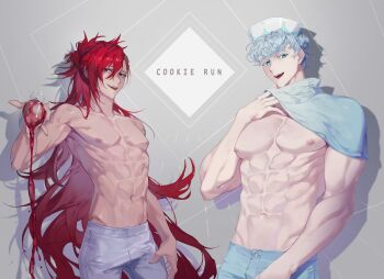 2boys :d abs absurdres alcohol asymmetrical_hair blue_eyes blue_pants chap_sal_! clothes_lift commentary cookie_run copyright_name cowboy_shot cup curly_hair drinking_glass drop_shadow english_commentary fang grey_background hair_between_eyes hand_on_own_hip hat highres hip_bones holding holding_cup humanization lifting_own_clothes long_hair looking_at_viewer male_focus milk_cookie multiple_boys muscular muscular_male open_mouth pants pectorals pointy_ears pouring purple_eyes red_hair red_wine shirt shirt_lift short_hair short_sleeves sidecut sideways_glance smile standing toned toned_male topless_male turtleneck turtleneck_shirt undercut vampire_cookie very_long_hair white_hair white_hat white_pants white_shirt wide_ponytail wine wine_glass