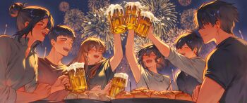 Rule 34 | 3boys, 3girls, absurdres, aerial fireworks, beer mug, black hair, black shirt, black vest, brown hair, celebration, closed eyes, commentary, cup, dumpling, everyone, fireworks, food, from below, grin, hair between eyes, hair bun, hair over shoulder, han sooyoung, highres, holding, holding cup, jung heewon, kim dokja, lee hyunsung, mug, multiple boys, multiple girls, night, omniscient reader's viewpoint, outdoors, papercider, red shirt, shirt, short hair, sidelighting, sidelocks, sleeves rolled up, smile, symbol-only commentary, toasting (gesture), toned, toned male, upper body, vest, white shirt, yoo joonghyuk, yoo sangah