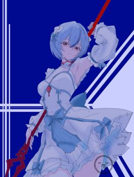 Rule 34 | 1977 oj3, armpits, ayanami rei, blue hair, breasts, commentary request, cowboy shot, detached sleeves, dress, frilled dress, frilled sleeves, frills, highres, holding, holding polearm, holding weapon, lance, neon genesis evangelion, polearm, short hair, simple background, small breasts, spear, upper body, watermark, weapon