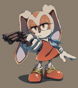 1girl absurdres aiming animal_ears brown_eyes brown_fur cream_the_rabbit dress full_body furry furry_female gloves grey_background gun highres holding holding_gun holding_weapon jack_b_seres orange_dress orange_shoes rabbit_ears rabbit_girl shoes solo sonic_(series) weapon white_gloves