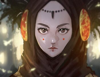 Rule 34 | 1girl, animification, black eyes, black headscarf, blurry, commentary request, depth of field, headscarf, looking at viewer, makeup, mosuke 2, padme amidala, pale skin, portrait, solo, star wars, star wars: the phantom menace, v-shaped eyebrows