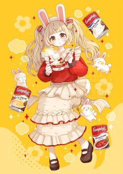 1girl :o animal_ears blonde_hair blunt_bangs brown_shoes brown_skirt campbell&#039;s canned_soup commentary_request cup fake_animal_ears food frilled_skirt frills full_body hair_ornament hands_up highres holding holding_cup holding_ladle ladle light_blush long_hair long_sleeves looking_at_viewer mary_janes original parted_lips product_placement rabbit rabbit_ears red_shirt shirt shoes skirt solo twintails yellow_background yellow_eyes yutukicom