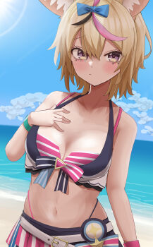 Rule 34 | 1girl, animal ear fluff, animal ears, beach, bikini, black hair, blonde hair, blue sky, breasts, closed mouth, fox ears, fox girl, hand on own chest, highres, hololive, hololive summer 2023 swimsuit, looking at viewer, medium breasts, medium hair, multicolored hair, natsume mina, official alternate costume, omaru polka, outdoors, pink bikini, pink hair, red eyes, sand, sky, solo, streaked hair, striped bikini, striped clothes, swimsuit, virtual youtuber, water