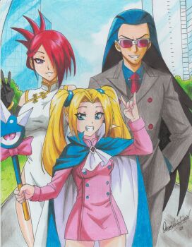 1boy 2girls akatsuki_blitzkampf ascot asian bow breasts cape china_dress chinese_clothes commission dress en-eins_kanzen_sekai formal_clothes germany hair_over_one_eye highres holding holding_mace holding_weapon horns_pose insignia kati_(akatsuki_en-eins) kati_(en-eins) large_breasts looking_at_viewer mace marilyn_sue marilyn_sue_dajie medium_breasts multiple_girls necktie ravernclouk_design sai_(akatsuki_blitzkampf) sai_(akatsuki_en-eins) smile spiked_mace spikes suit sunglasses united_kingdom v wand weapon