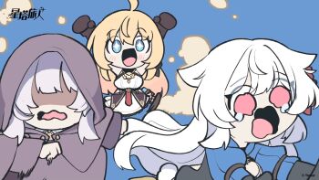 +_+ 3girls :d ahoge animal_ears animated animated_gif black_gloves blonde_hair blue_background blue_eyes blue_hoodie blush breasts cat_ears chasing chibi chinese_commentary cloak commentary_request copyright_logo d: double-parted_bangs dress dust dust_cloud eyes_visible_through_hair fleeing frilled_dress frills fuyuka_(stella_sora) gloves grey_cloak grey_hair hair_between_eyes hair_ornament hair_over_one_eye highres hood hood_up hooded_cloak hoodie logo long_hair long_sleeves medium_breasts multiple_girls noya_(stella_sora) open_mouth pink_eyes running second-party_source serena_(stella_sora) shaded_face simple_background sleeveless sleeveless_dress smile stella_sora tears very_long_hair wavy_mouth white_dress white_hair whitydragon