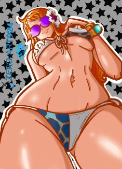 Rule 34 | 1girl, alternate costume, artist name, bikini, blush, breasts, curvy, day, from below, highres, large breasts, long hair, looking at viewer, looking down, multicolored bikini, nami (one piece), navel, official alternate costume, one piece, orange eyes, orange hair, print bikini, shiny skin, side-tie bikini bottom, smile, solo, sunglasses, swimsuit, thong, thong bikini, two-tone bikini, white bikini, wide hips, zeroart924