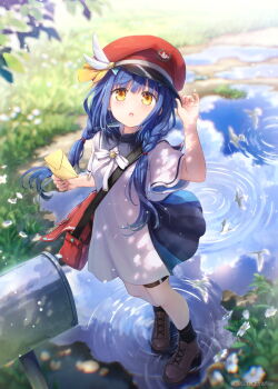 1girl :o anemoi bag black_socks blue_dress blue_hair blue_sky blunt_bangs blush bow bowtie braid brown_shoes cloud commentary_request copyright_notice cross-laced_shoes dappled_sunlight day dress eyelashes eyes_visible_through_hair floating_clothes floating_hair full_body hand_on_headwear hands_up hat hat_feather highres holding holding_letter leaf letter long_hair looking_at_viewer low_twin_braids maou_(mischief2004) open_mouth outdoors peaked_cap puddle red_hat reflection reflective_liquid ripples shirato_koyomi shoes short_sleeves shoulder_bag sky socks solo standing sunlight tareme twin_braids two-tone_dress white_bow white_bowtie white_dress wide_sleeves yellow_eyes
