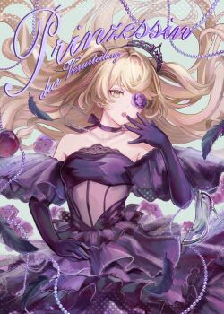 1girl absurdres bare_shoulders black_tiara blonde_hair commentary_request dress elbow_gloves english_text fischl_(genshin_impact) flower flower_over_eye genshin_impact gloves green_eyes hand_up highres jewelry long_hair looking_at_viewer mimisuke37 necklace open_mouth pearl_necklace purple_dress purple_flower purple_gloves see-through_clothes solo strapless strapless_dress tiara very_long_hair