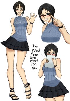 1girl absurdres black-framed_eyewear black_hair black_skirt blue_sweater blush breasts chaosoded commentary english_commentary english_text glasses green_eyes grin heart heart_necklace highres holding holding_paper index_finger_raised jewelry looking_at_viewer medium_breasts necklace one_eye_closed open_mouth original paper pleated_skirt round_eyewear short_hair skirt sleeveless sleeveless_sweater smile solo sweater teeth
