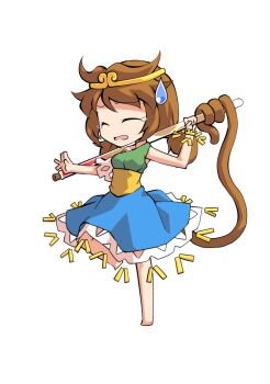 Rule 34 | 1girl, barefoot, blue skirt, breasts, brown hair, chibi, chibi only, circlet, closed eyes, commentary request, dairi, full body, green shirt, holding, holding test tube, large variant set, low twintails, medium hair, monkey tail, shirt, simple background, skirt, solo, son biten, standing, standing on one leg, tachi-e, tail, test tube, touhou, transparent background, twintails, variant set
