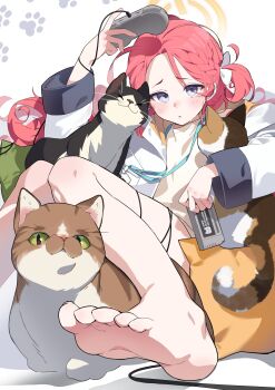 1girl absurdres alternate_costume animal arm_up barefoot blue_archive cat commentary controller feet foot_out_of_frame forehead gachop99 game_cartridge game_controller grey_eyes halo highres holding holding_controller holding_game_cartridge holding_game_controller jacket long_sleeves looking_at_viewer open_clothes open_jacket parted_lips pet raised_inner_eyebrows red_hair shirt simple_background solo striped_clothes striped_jacket tongue tongue_out white_background white_shirt yellow_halo yuzu_(blue_archive)