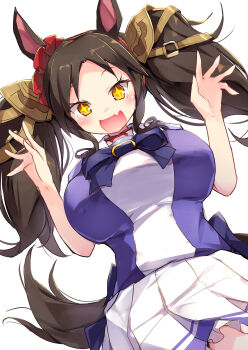 Rule 34 | + +, 1girl, absurdres, animal ears, black hair, blush, bow, breasts, brown hair, commentary request, ear scrunchie, fang, highres, horse ears, horse girl, horse tail, huge breasts, kanzakietc, long hair, looking at viewer, marvelous sunday (umamusume), open mouth, pleated skirt, puffy short sleeves, puffy sleeves, purple bow, purple shirt, sailor collar, sailor shirt, school uniform, shirt, short sleeves, simple background, skin fang, skirt, smile, solo, tail, tracen school uniform, twintails, umamusume, white background, white sailor collar, white skirt, yellow eyes