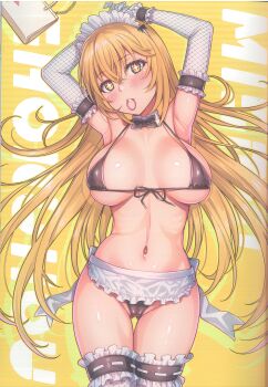 Rule 34 | 1girl, absurdres, alternate costume, apron, arm garter, armpits, arms up, bikini, black bikini, black bow, black bowtie, blonde hair, bow, bowtie, breasts, character name, comiket 106, detached collar, elbow gloves, enmaided, fishnet gloves, fishnets, frilled apron, frilled thigh strap, frills, front-tie bikini top, front-tie top, gloves, gluteal fold, hair tie in mouth, halterneck, highres, isshi pyuma, large breasts, long hair, looking at viewer, maid, maid apron, maid bikini, maid headdress, micro bikini, mouth hold, navel, scan, shokuhou misaki, solo, sparkling eyes, string bikini, swimsuit, thigh strap, toaru kagaku no railgun, toaru majutsu no index, unconventional maid, waist apron, white apron, white gloves, wrist cuffs, yellow background, yellow eyes