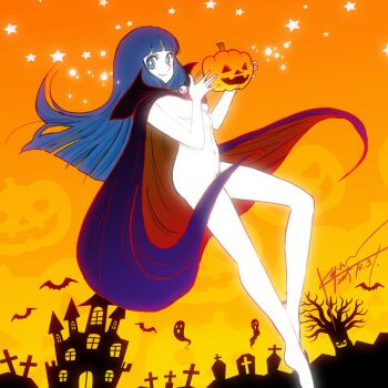 1girl bare_tree bat_(animal) black_cape blue_eyes blue_hair blunt_bangs breasts building cape closed_mouth colored_skin commentary_request convenient_censoring cross dated etou_ranze floating floating_object full_body halloween jack-o'-lantern jian_yin long_hair looking_at_viewer naked_cape orange_sky pumpkin red_cape signature sky small_breasts smile solo star_(symbol) super_love_lotion tokimeki_tonight tombstone tree two-tone_cape white_skin