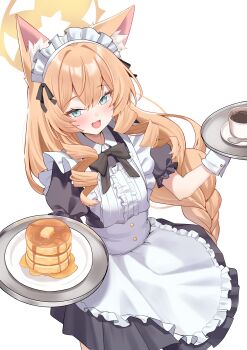 1girl absurdres animal_ears apron black_bow black_dress black_ribbon blue_archive blue_eyes bow bowtie cat_ears commentary_request dress food frilled_sleeves frills hair_ribbon halo highres holding holding_tray long_hair looking_at_viewer maid maid_apron maid_headdress mari_(blue_archive) olecafe2 open_mouth orange_hair pancake pancake_stack ribbon short_sleeves simple_background solo tray white_background yellow_halo