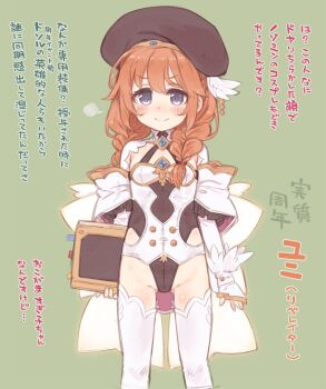 Rule 34 | 1girl, 7010, black hat, blue eyes, blush, book, braid, breasts, closed mouth, hat, holding, holding book, looking at viewer, medium breasts, orange hair, princess connect!, small breasts, smile, solo, standing, thighhighs, translation request, twin braids, white thighhighs, yuni (princess connect!)