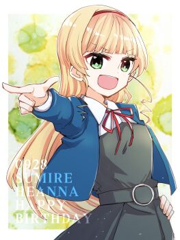 1girl birthday blonde_hair character_name commentary dated english_text green_eyes hairband happy_birthday heanna_sumire highres kanduki_kamibukuro long_hair love_live! love_live!_superstar!! red_hairband school_uniform solo upper_body yuigaoka_school_uniform