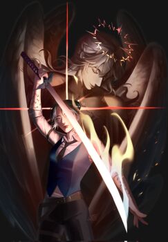 2girls arm_tattoo belt black_dress black_necktie blue_vest braid burning closed_eyes clothing_cutout collared_shirt dress feathered_wings fire glowing grey_hair hair_bun halo hashtag-only_commentary height_difference highres holding holding_sword holding_weapon infinity_symbol jung_heewon long_hair multiple_girls necktie omniscient_reader's_viewpoint outstretched_arm red_eyes shirt shoulder_cutout sidelighting sleeves_rolled_up smile spiked_halo sword tattoo uriel_(omniscient_reader's_viewpoint) vest weapon white_shirt white_wings wings yaevako