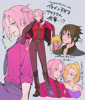 2boys 2girls absurdres alternate_costume black_hair black_jacket blonde_hair blue_eyes blush breasts brown_jacket brown_necktie brown_pants brown_shoes cleavage collared_shirt covering_own_mouth crossdressing crossdressing_(ftm) dress facial_mark full_body furrowed_brow green_eyes grey_background hair_over_one_eye hand_on_own_chest hand_on_own_hip hand_over_own_mouth haruno_sakura highres holding_another&#039;s_arm jacket jacket_on_shoulders jewelry large_breasts medium_breasts multiple_boys multiple_girls multiple_views naruto_(series) naruto_shippuuden necklace necktie one_eye_closed orange_shirt pants parted_lips pink_hair pinstripe_jacket pinstripe_pants pinstripe_pattern ponytail purple_dress red_shirt shirt shoes short_side_ponytail smile spiked_hair suzu_(tg_390) sweatdrop tie_clip uchiha_sasuke uzumaki_naruto whisker_markings yamanaka_ino yuri