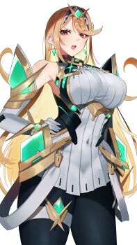 1girl absurdres arm_guards armpits bare_shoulders black_pantyhose blonde_hair breasts chest_jewel cowboy_shot diamond_earrings dress earrings elbow_gloves floating_earrings gloves hand_on_own_hip highres jewelry large_breasts long_hair looking_at_viewer microdress mythra_(massive_melee)_(xenoblade) mythra_(xenoblade) neon_trim open_mouth pantyhose simple_background solo suspenders swept_bangs teeth thigh_strap tiara upper_teeth_only v-shaped_eyebrows very_long_hair white_background white_dress white_gloves xenoblade_chronicles_(series) xenoblade_chronicles_2 yasaikakiage yellow_eyes