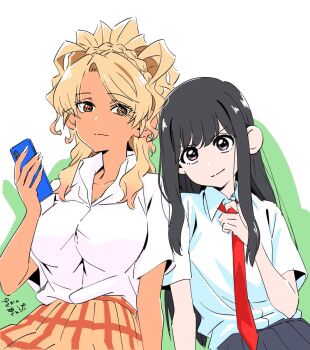Rule 34 | 2girls, black hair, brown eyes, collared shirt, dark-skinned female, dark skin, ending celebration, food court de mata ashita, gyaru, highres, holding, holding phone, long hair, looking at viewer, multiple girls, necktie, official art, phone, pleated skirt, red necktie, school uniform, shirt, short sleeves, simple background, sitting, skirt, smile, wada (food court), white shirt, yamamoto (food court)