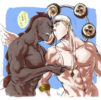 2boys angry blonde_hair brown_hair earrings enel jewelry kepe male_focus mitsudomoe_(shape) mohawk multiple_boys muscular one_piece topless_male skypiea tomoe_(symbol) wiper