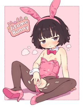 1girl animal_ears bar_censor blush bow bowtie censored clothing_aside commentary_request detached_collar fake_animal_ears flat_chest high_heels jitome leotard loli nipples onyhakase original pantyhose playboy_bunny pussy rabbit_ears sitting solo spread_pussy torn_clothes torn_pantyhose wrist_cuffs