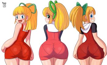 3girls ass bare_shoulders blonde_hair blue_eyes blush_stickers cowboy_shot dress green_eyes green_ribbon grin hair_ribbon kurokiart97 loli long_hair long_sleeves looking_at_viewer looking_back mega_man_(series) multiple_girls multiple_persona open_mouth pantylines ponytail red_dress ribbon roll_(mega_man) short_sleeves simple_background sleeveless smile standing white_background