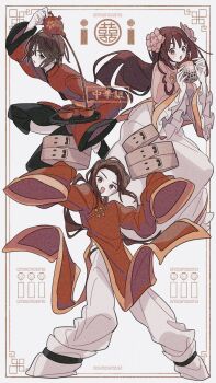 1girl 2boys arm_up axis_powers_hetalia baggy_pants belt black_pants black_shoes border breasts brown_eyes brown_hair bubble_tea changpao china_(hetalia) chinese_clothes commentary_request cup disposable_cup feet_out_of_frame floating_clothes floating_hair floral_print flower frills full_body hair_between_eyes hair_flower hair_ornament hands_up highres holding holding_kettle holding_tray hong_kong_(hetalia) kettle lantern long_hair long_sleeves looking_at_viewer low_ponytail mandarin_collar medium_breasts multiple_boys open_mouth pants paper_lantern pink_flower pink_shirt ponytail pouring red_shirt sheer_candy shirt shoes short_hair sidelocks simple_background skirt smile standing sun_print taiwan_(hetalia) tea tray v-shaped_eyebrows white_background white_border white_pants white_skirt wide_sleeves yellow_belt