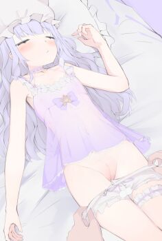 1girl babydoll cleft_of_venus closed_eyes closed_mouth hat hololive loli long_hair lying mob_cap murasaki_shion on_back on_bed panties panty_pull purple_babydoll purple_hair pussy recklessdraw sleeping underwear undressing_another virtual_youtuber white_panties