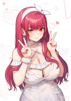 1girl blush breasts cleavage closed_mouth double_v dress headband heterochromia highres hololive houshou_marine houshou_marine_(roomwear) large_breasts long_hair looking_at_viewer noixen official_alternate_costume official_alternate_hairstyle red_eyes sidelocks solo v virtual_youtuber white_dress white_headband yellow_eyes