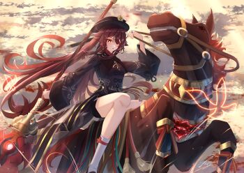 1girl absurdres argentrt black_nails black_shoes brown_hair brown_shirt brown_shorts bug butterfly closed_mouth cloud cloudy_sky commentary_request fire flower flower-shaped_pupils genshin_impact hair_between_eyes hat_ornament highres holding holding_polearm holding_weapon horse horseback_riding hu_tao_(genshin_impact) insect jewelry long_hair long_sleeves looking_at_viewer polearm red_eyes red_flower riding ring shirt shoes shorts sky smile socks solo symbol-shaped_pupils tailcoat thighs tongue tongue_out twintails very_long_hair weapon white_socks
