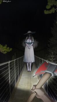 Rule 34 | 1boy, 1girl, absurdres, axe, black hair, blood, blood on axe, bloody weapon, breasts, cleavage, dress, hasshaku-sama, hat, height difference, highres, holding, holding axe, holding weapon, horror (theme), huge breasts, japanese urban legends, large breasts, long hair, looking at viewer, night, outdoors, pov, pov hands, sin (sintrybest), size difference, sky, solo focus, star (sky), sun hat, sundress, tall female, touhou, urban legend, urban legend in limbo, very long hair, weapon, white dress, white hat