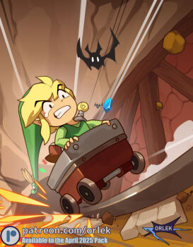 1boy beak black_eyes blonde_hair blue_eyes cart cave cave_interior clenched_teeth ezlo green_hat green_tunic hat keese link mine_(place) minecart mineshaft nintendo open_mouth orlek pointy_ears railroad_tracks riding rupee_(zelda) short_hair sparks sword teeth the_legend_of_zelda the_legend_of_zelda:_the_minish_cap toon_link tunic weapon