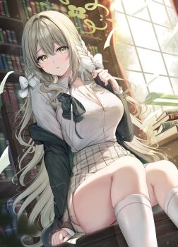 1girl black_bow black_bowtie black_jacket blue_archive blush book book_stack bookshelf bow bowtie braid breasts brown_hair cleavage commentary_request diagonal-striped_bow diagonal-striped_bowtie diagonal-striped_clothes green_eyes green_halo grey_skirt hair_intakes hair_ribbon halo highres indoors jacket kneehighs large_breasts long_hair looking_at_viewer miyo_(blue_archive) off_shoulder open_clothes open_jacket ribbon ribbon_braid shirt side_braids sidelighting skindentation skirt socks solo striped_bow striped_bowtie striped_clothes thighs tomoo_(tomo) too_many too_many_books white_bow white_shirt white_socks window