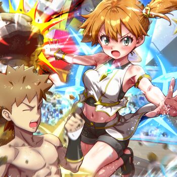 Rule 34 | 1boy, 1girl, :o, blurry, blush, brock (arc suit) (pokemon), brock (pokemon), brown hair, clenched hand, closed eyes, collarbone, commentary request, day, eyelashes, green eyes, hair between eyes, hand up, highres, leg up, misty (arc suit) (pokemon), misty (pokemon), muscular, muscular male, navel, nintendo, official alternate costume, open mouth, orange hair, outdoors, pectorals, pokemon, pokemon masters ex, rorretsim, sandals, shirt, short hair, shorts, side ponytail, sleeveless, sleeveless shirt, sparkle, toes, topless male, white shirt