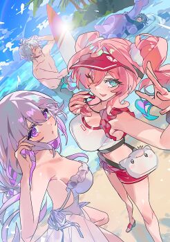 Rule 34 | 2boys, 2girls, anaxa (honkai: star rail), aqua eyes, aqua hair, beach, black shorts, blue sky, breasts, castorice (honkai: star rail), crop top, diving suit, dress, floating animal, green hair, highres, honkai: star rail, honkai (series), hyacine (honkai: star rail), large breasts, long hair, medium hair, mimlmi, multicolored hair, multiple boys, multiple girls, ocean, outdoors, palm tree, phainon (honkai: star rail), pink hair, purple eyes, purple hair, red shorts, short hair, short shorts, shorts, sky, sundress, topless male, tree, twintails, two-tone hair, white dress, white hair