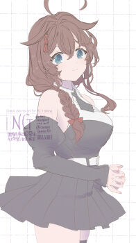 1girl absurdres ahoge belt black_dress black_necktie blue_eyes braid brown_hair collared_shirt commentary_request detached_sleeves dress dress_shirt grid_background hair_flaps hair_over_shoulder highres kantai_collection kiusagi_sanae long_hair necktie official_alternate_costume shigure_(kancolle) shigure_(yokosuka)_(kancolle) shigure_kai_san_(kancolle) shirt single_braid sleeveless sleeveless_shirt solo watermark white_background white_belt white_shirt