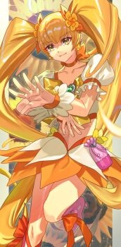 1girl absurdres blonde_hair boots bow brooch choker closed_mouth collarbone commentary_request crop_top cure_sunshine earrings flower flower_earrings hair_between_eyes hair_ribbon heart heart_brooch heartcatch_precure! high_heel_boots high_heels highres jewelry knee_boots long_hair magical_girl midriff myoudouin_itsuki n-bata navel orange_bow orange_choker orange_skirt precure puffy_short_sleeves puffy_sleeves ribbon shirt short_sleeves sidelocks skirt smile solo standing standing_on_one_leg sunflower twintails very_long_hair white_boots white_shirt wrist_cuffs yellow_eyes