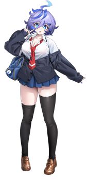 1girl :o android antenna_hair bag blue_eyes breasts cleavage full_body hair_between_eyes highres jacket large_breasts lilith-soft looking_at_viewer mechanical_hands miniskirt multicolored_hair namaniku_atk non-web_source open_clothes open_jacket open_mouth school_bag school_uniform shiny_skin shirt shoes short_hair skirt taimanin_(series) taimanin_rpgx transparent_background tsukumo_mogami two-tone_hair white_shirt wide_hips